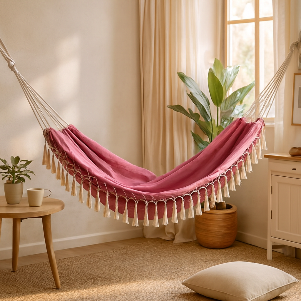 Tasseled Canvas Hammock — Indoor & Outdoor Lounge Swing — warm lifestyle