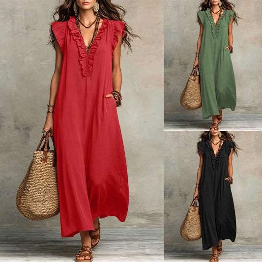Ruffled V-Neck Maxi Dress with Pockets - Boho Summer Style