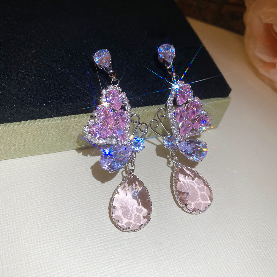 Purple Crystal Flower Earrings - Rhinestone Statement Studs
