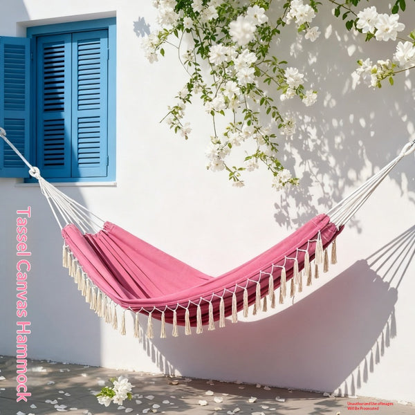 Tasseled Canvas Hammock — Indoor & Outdoor Lounge Swing