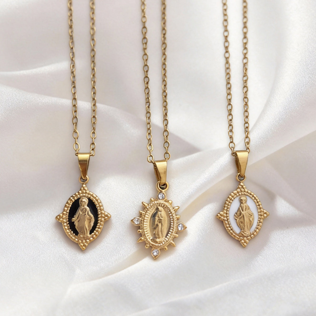 Virgin Mary Rhinestone Pendant Necklace - Stainless Steel