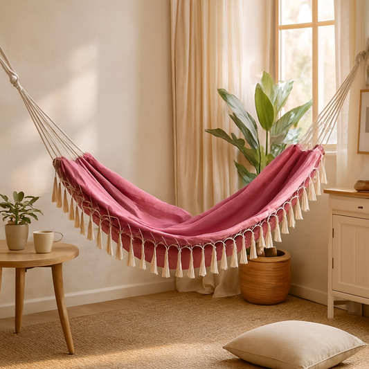 Tasseled Canvas Hammock — Indoor & Outdoor Lounge Swing — warm lifestyle